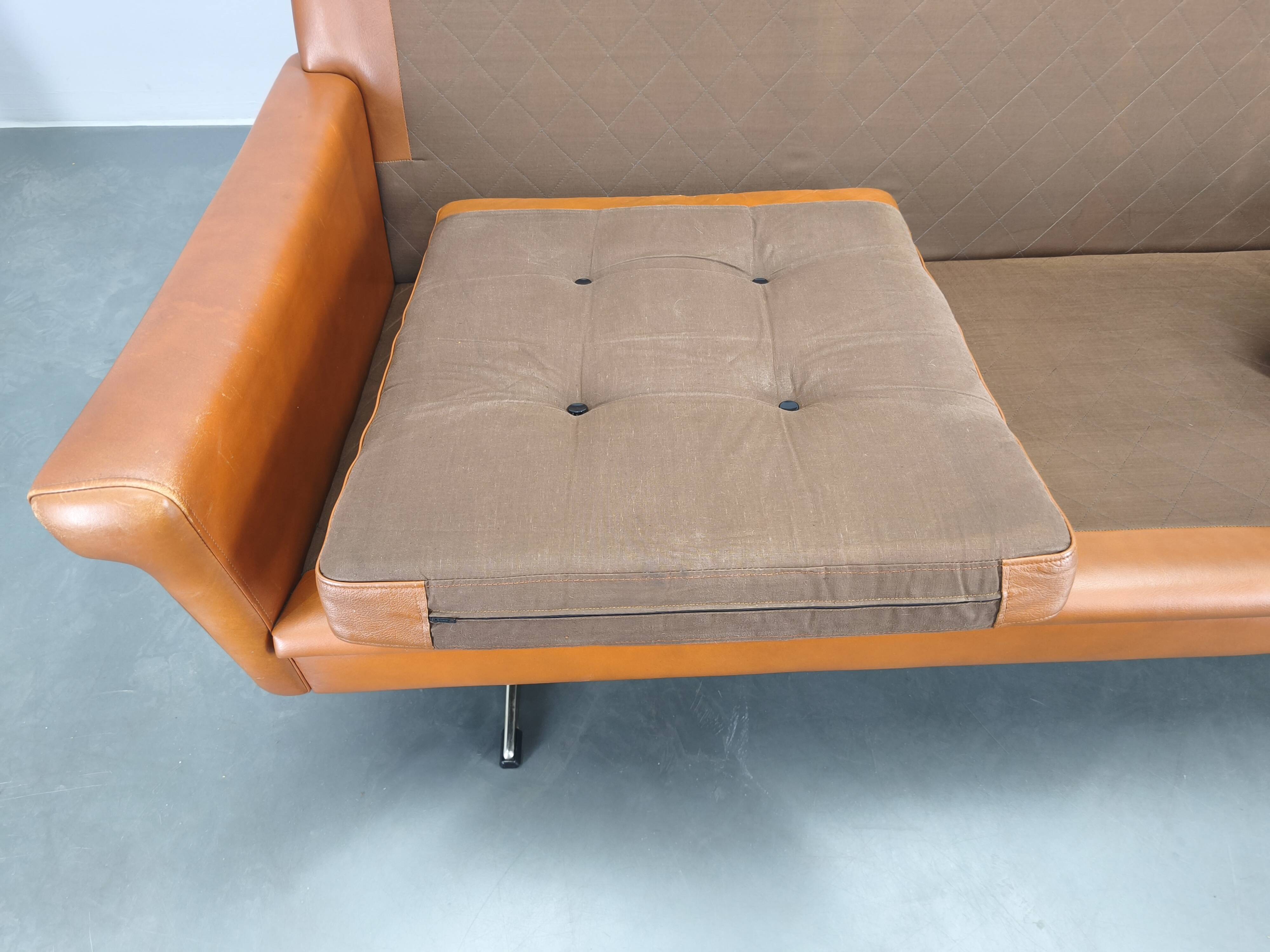 Svend Skipper Danish Leather Sofa Cognac Chrome, 1960s