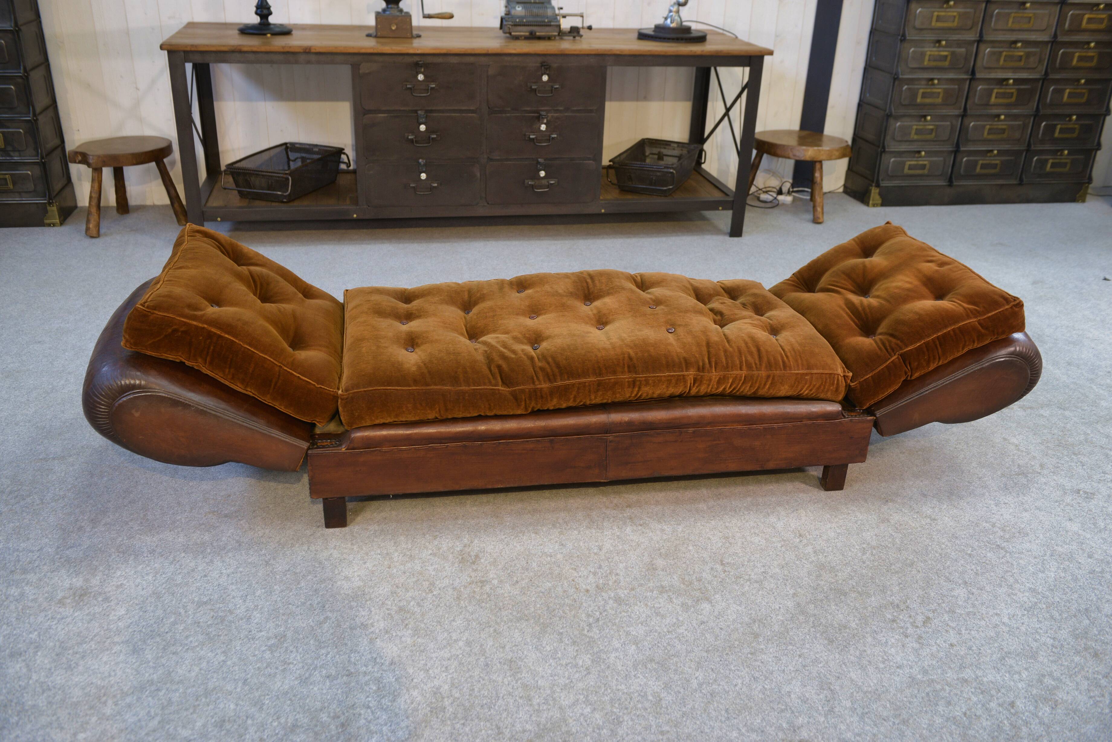 1920s convertible leather club bench with velvet seats
