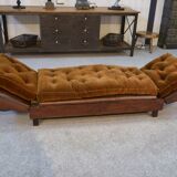 1920s convertible leather club bench with velvet seats