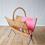 Modernist rattan and metal magazine rack 1970
