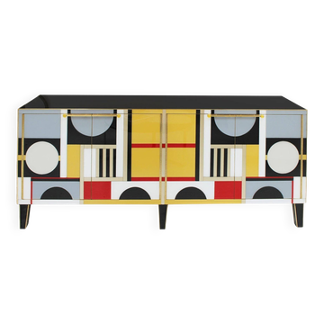 Cabinet italien moderne des années 50 avec structure d'origine, verre de Murano et laiton.