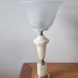 Neo-Empire style table lamp in alabaster and brass - V-shaped tulip shade