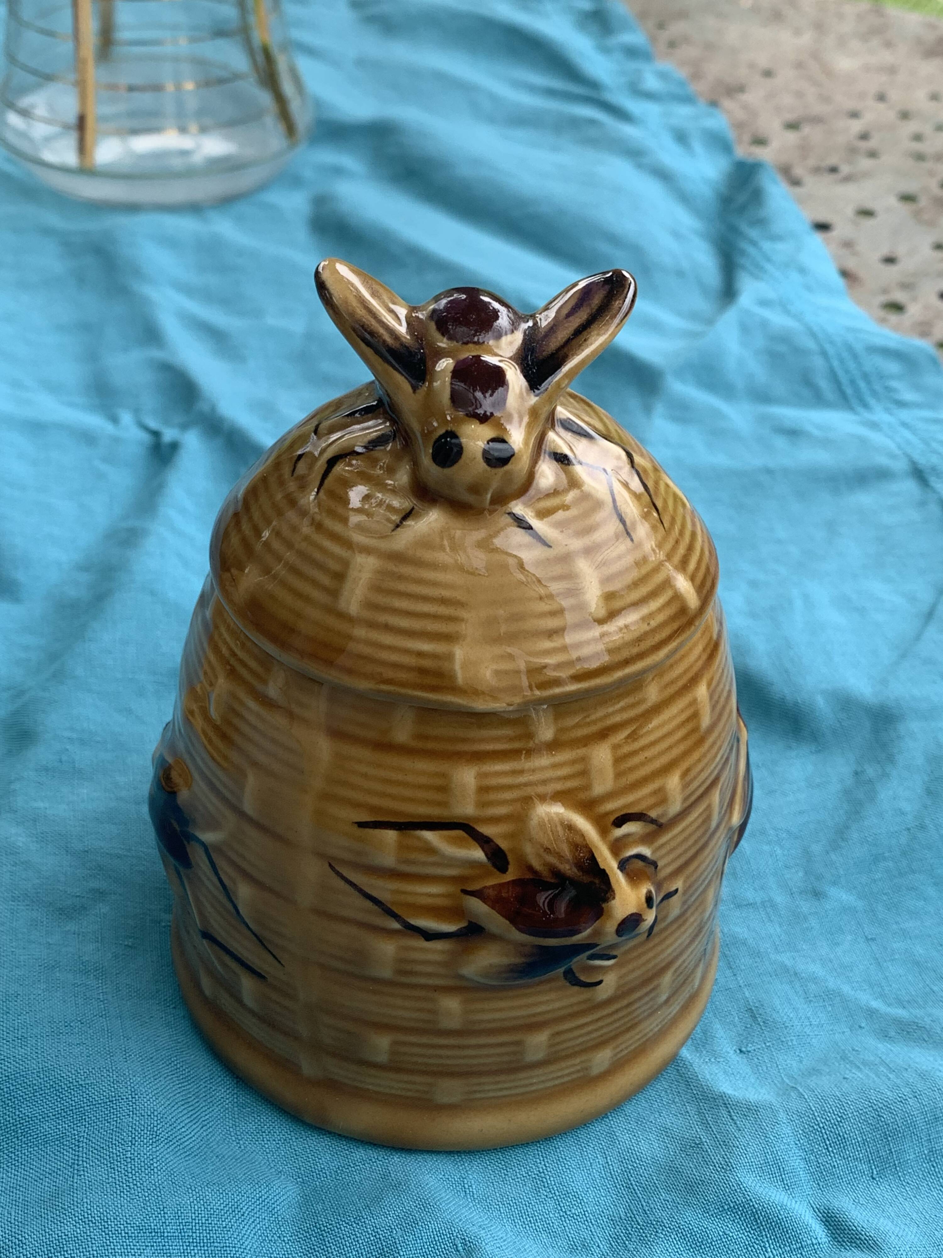 Beehive and bee honey pot in slip, vintage enameled ceramic