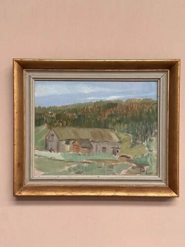 Oil on Panel “Landscape with a Hut” by Carl Einar, Vintage & Framed 38.5×32cm