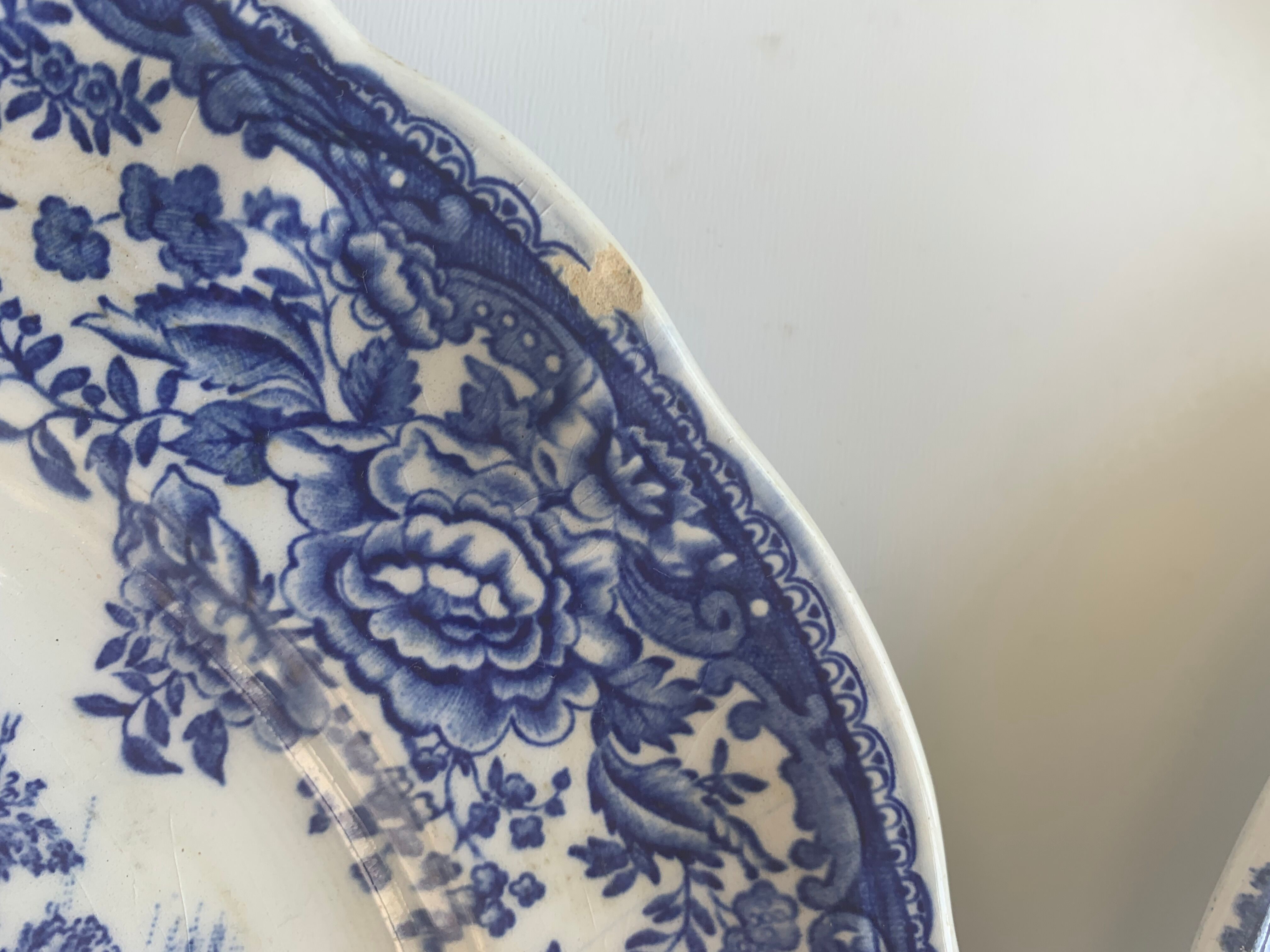 7 flat plates english pattern blue peasant scene vintage