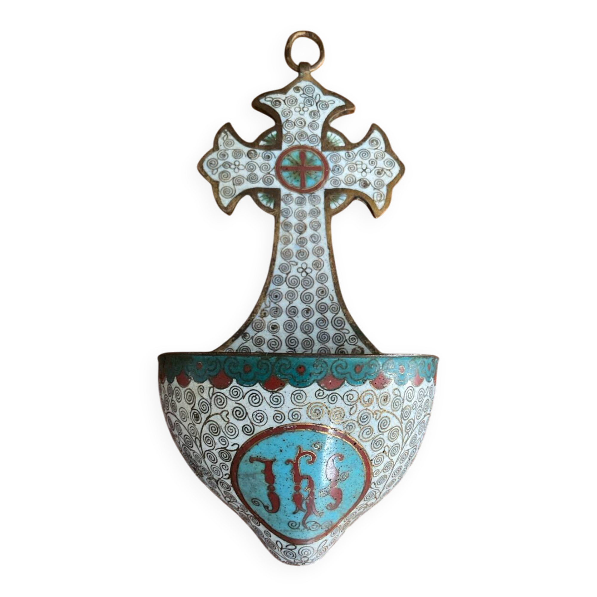 Ancient bronze and cloisonné enamel holy water font