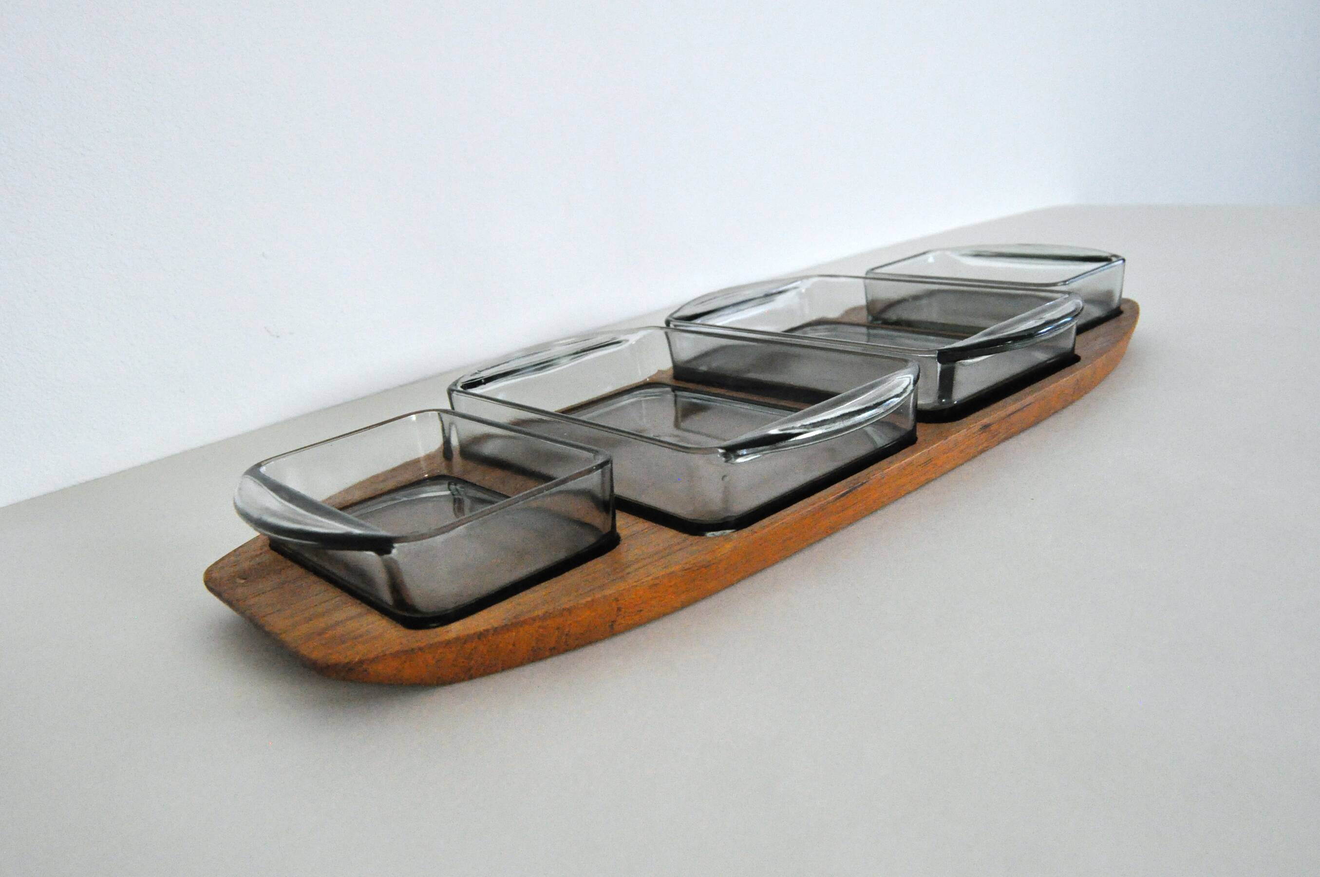 Danish Modern Teak Serving Tray with Glass Bowls, Denmark, 1960s