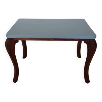 Table basse art déco bois brut et bleu zingueur