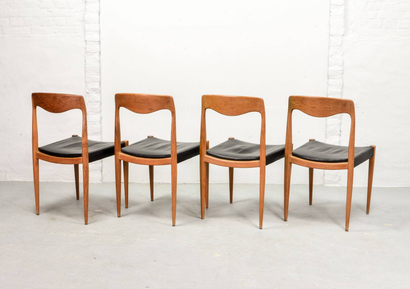 Niels Otto Moller Style Solid Teak Wood Dining Chairs with Leatherette 50s