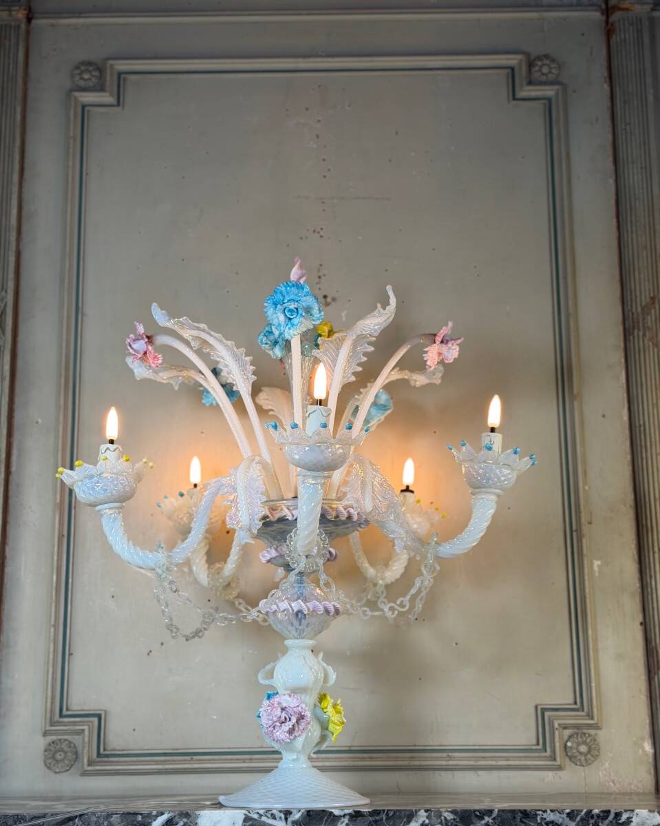Multicoloured Venetian glass girandole from Murano with a dominant opaline blue, circa 1930.