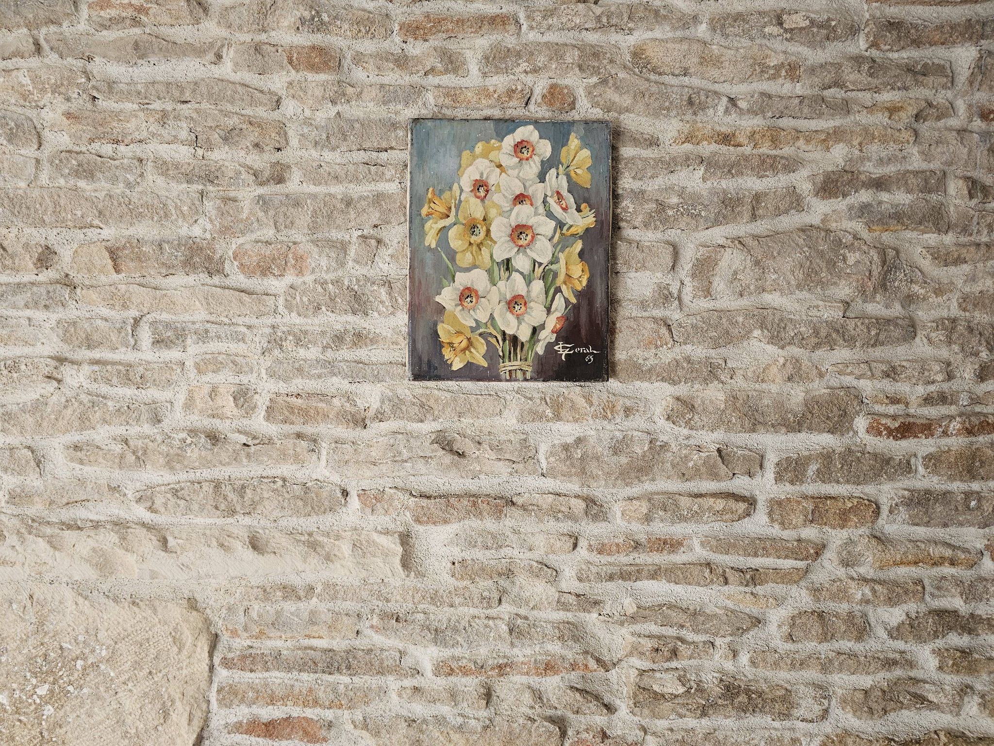 Table Oil on canvas The bouquet of Daffodils (Flowers) signed L Geral