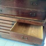 Japanese antique wooden chest with black fittings.