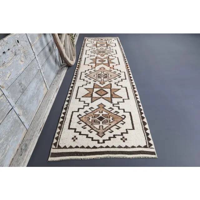 Vintage Turkish Oushak handmade wool cotton white runner rug  91x340