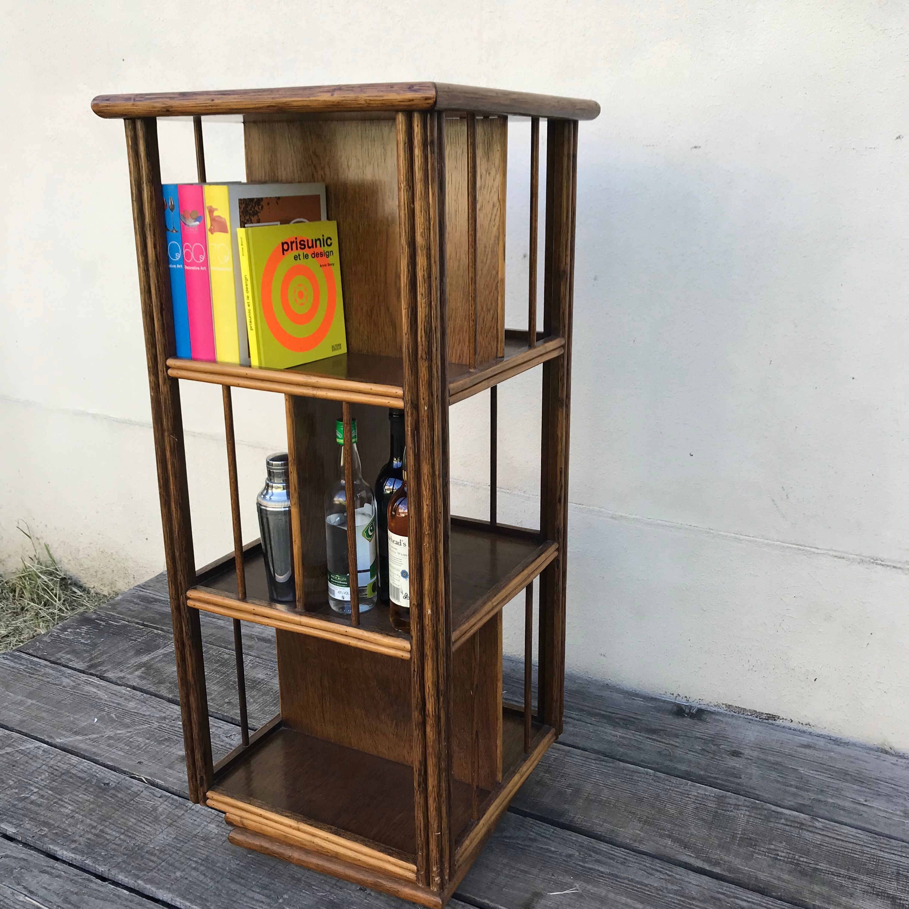 Rotating bamboo-wicker shelf vintage 1970