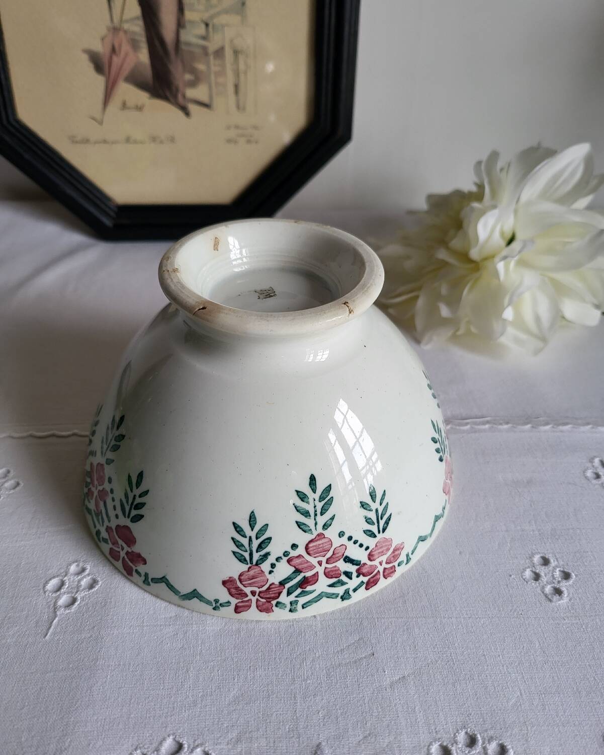 Old Bowl in Earthenware with Flower Decoration Marked underneath M