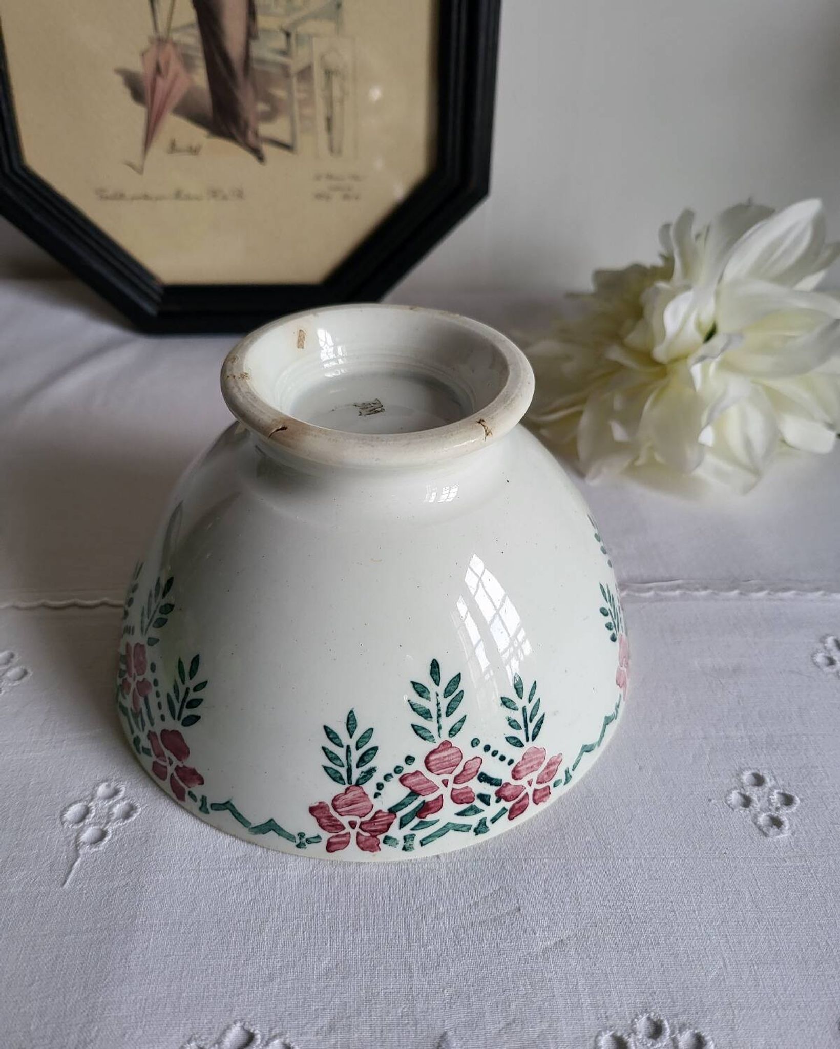Old Bowl in Earthenware with Flower Decoration Marked underneath M