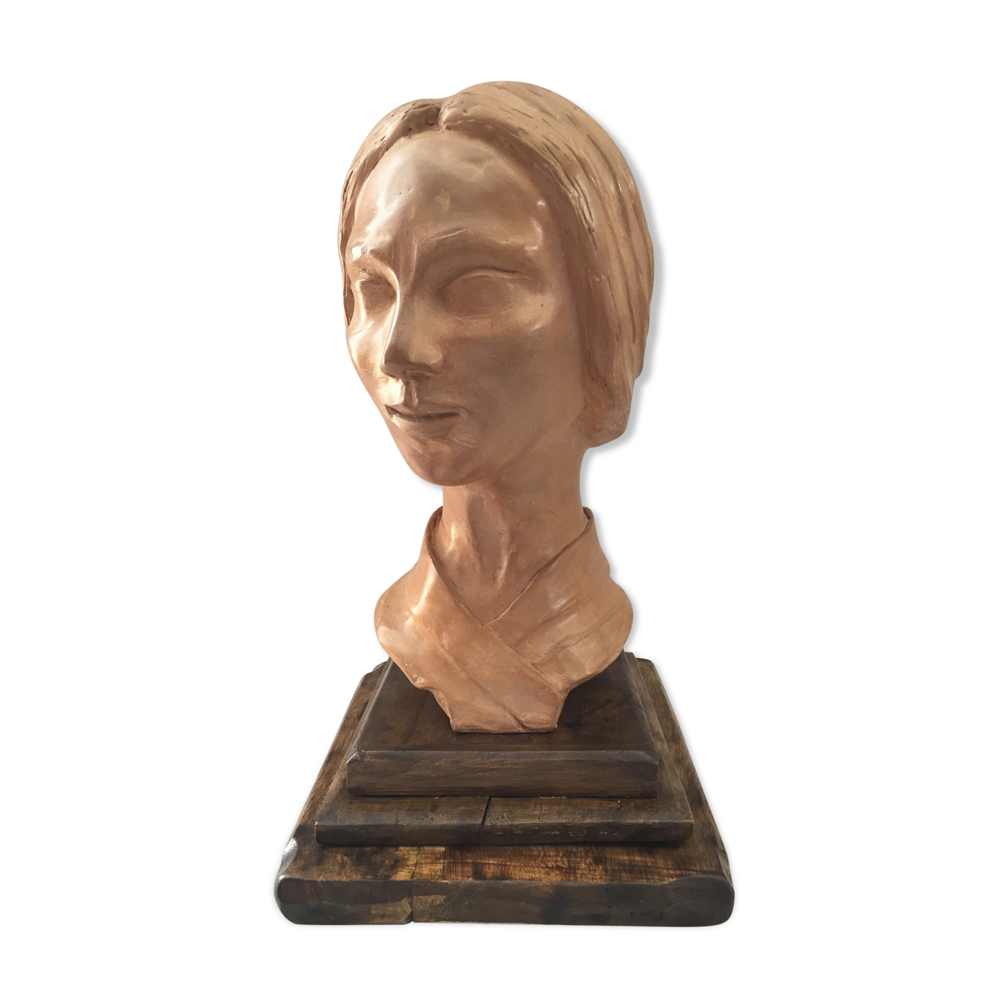 Bust in raw earth of atelier bust face of woman signed j.c.g.