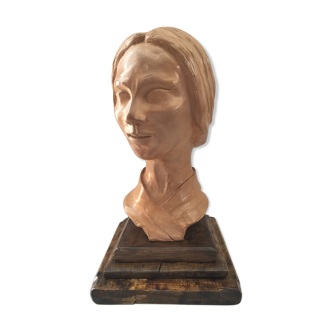 Bust in raw earth of atelier bust face of woman signed j.c.g.