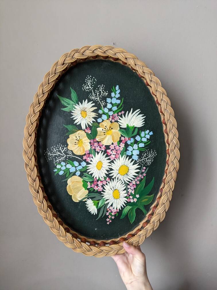 Serving tray with floral decoration, handmade braiding, bohemian countryside
