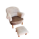 Pair of beige bouclette fabric frog chairs and their footrest.