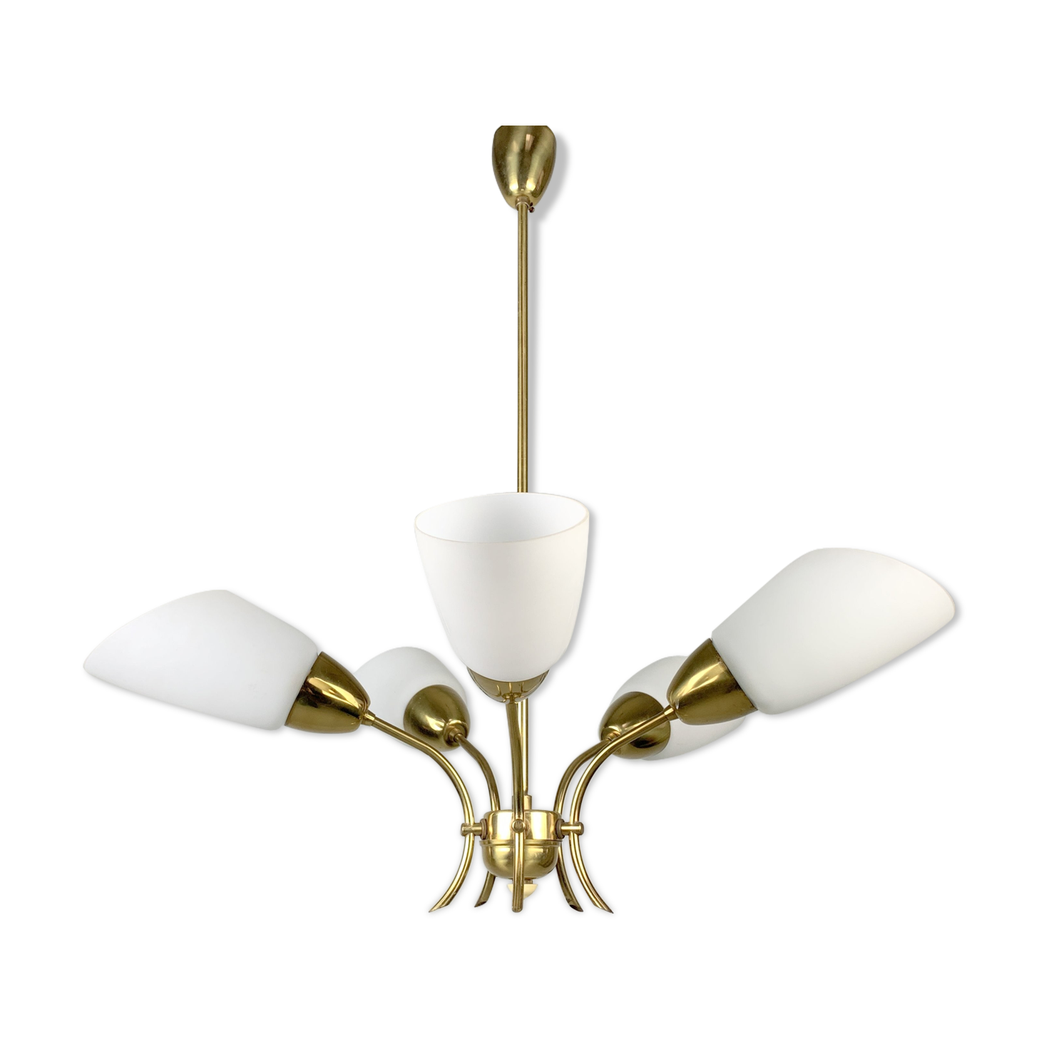 Brass and white glass chandelier, 1980
