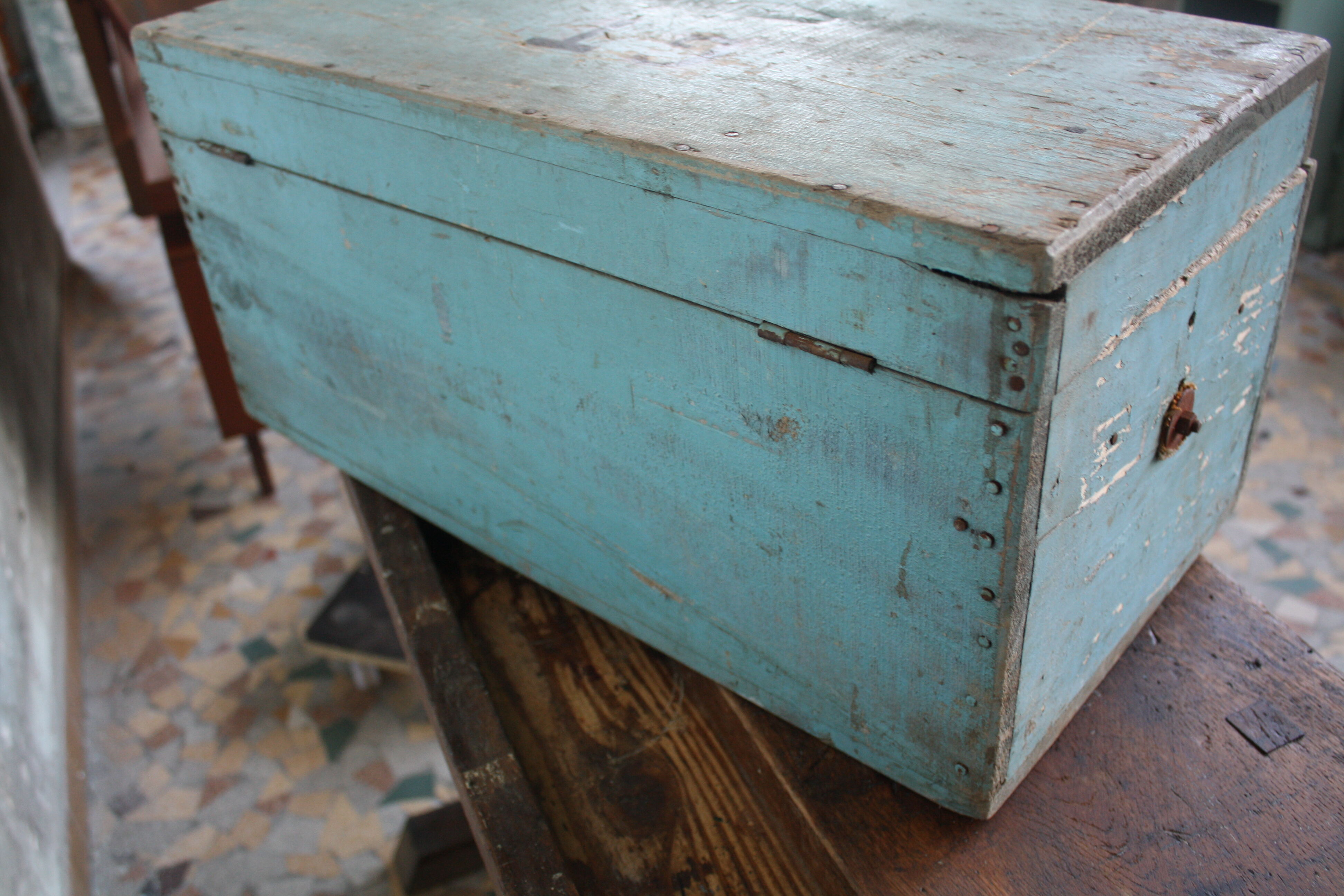 Blue vintage tool box wooden