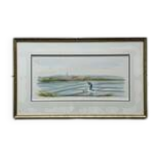 Watercolour by Christian Gaudin framed, certificate Guérande salt marshes.