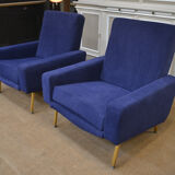 Pair of armchairs and ottoman vintage 1950 in blue velour and brass