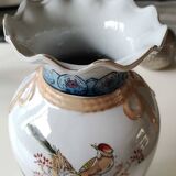 Chinese polychrome porcelain base. Peacock/birds of paradise designs. Corolla-shaped collar with ribbon. 30 x 15 cm