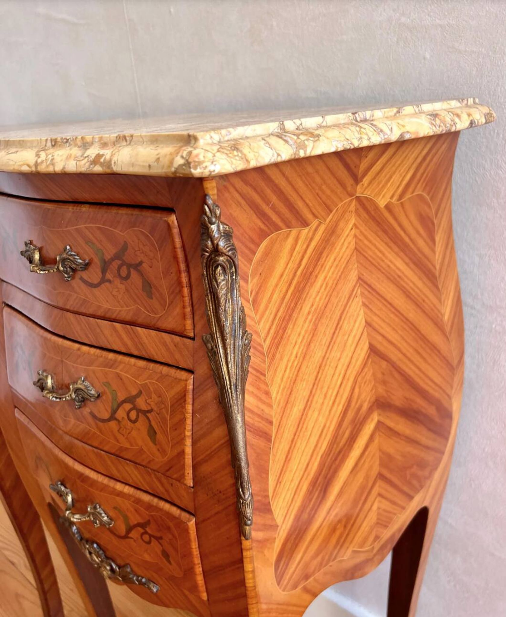 Pair of vintage French bedside tables, set of rosewood nightstands with marquetry.