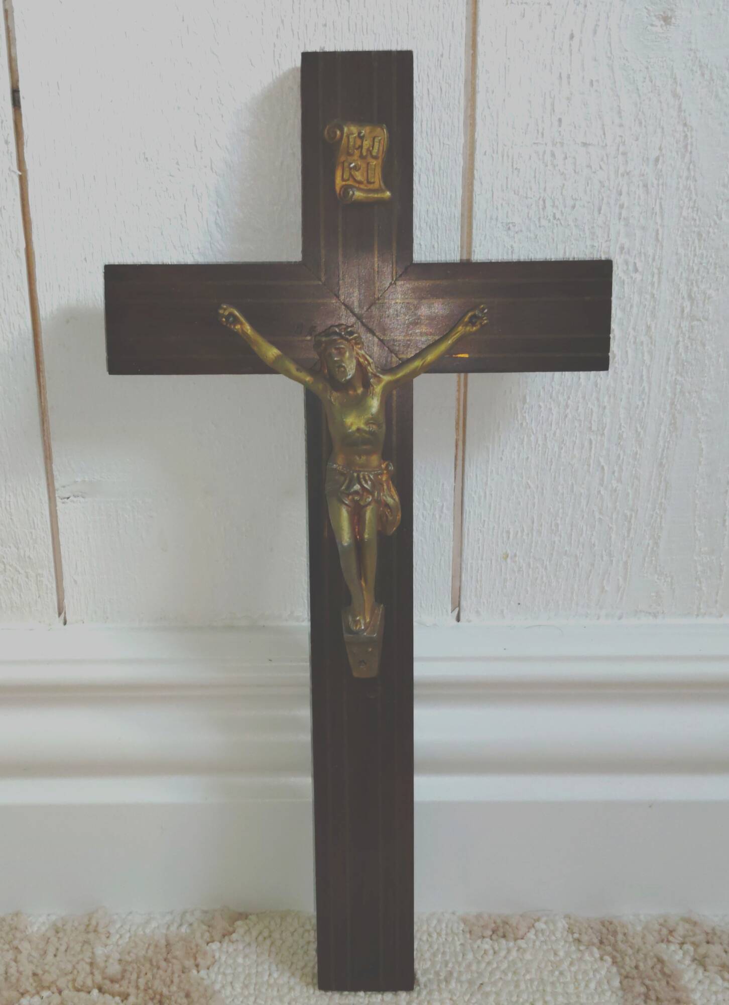 Large Antique Walnut Crucifix with Brass Inserts - Vintage 1920 - French