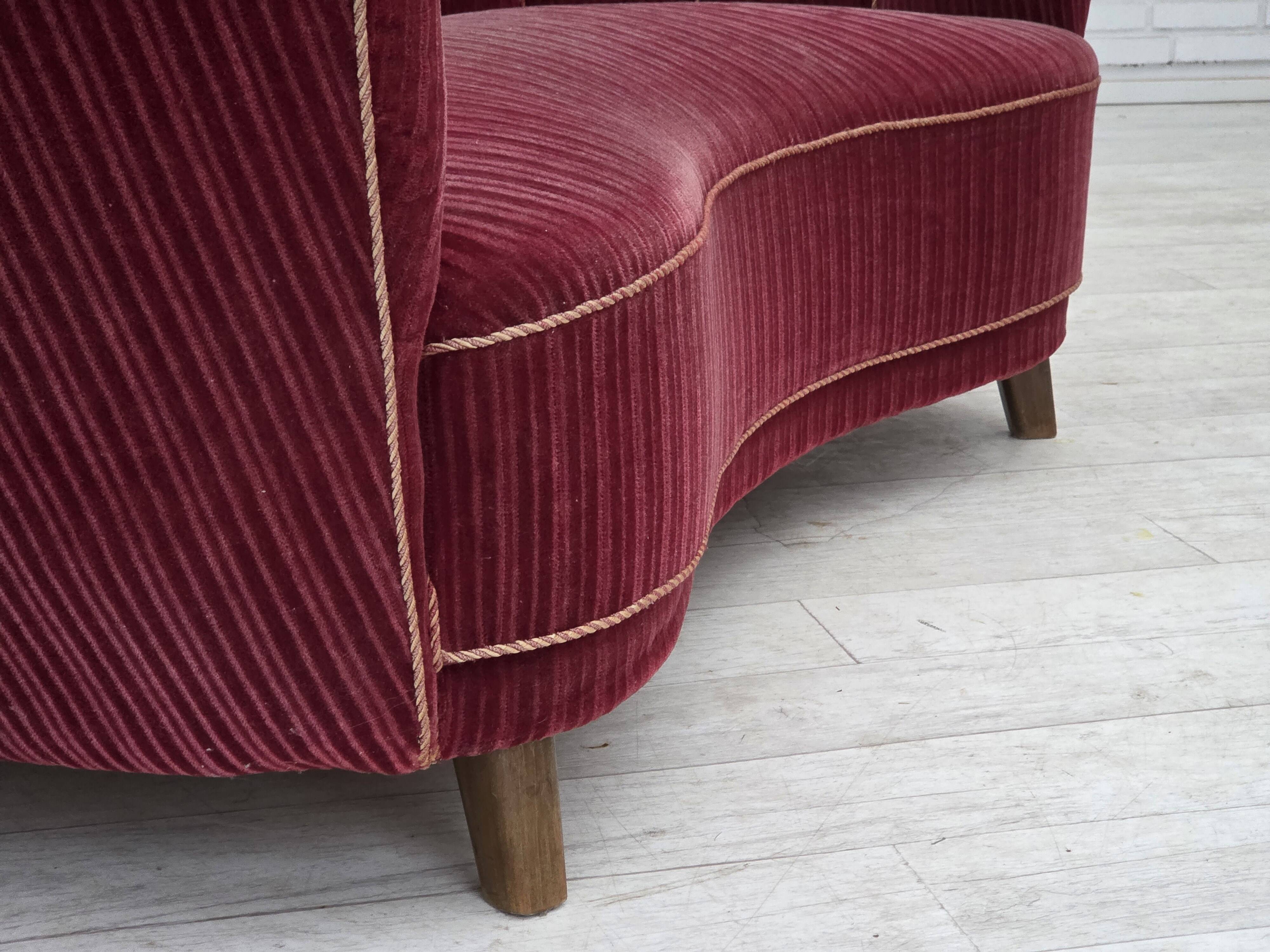 1960s, Danish 2-seater "Banana" sofa, red furniture velour, oak wood.