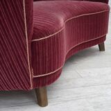 1960s, Danish 2-seater "Banana" sofa, red furniture velour, oak wood.
