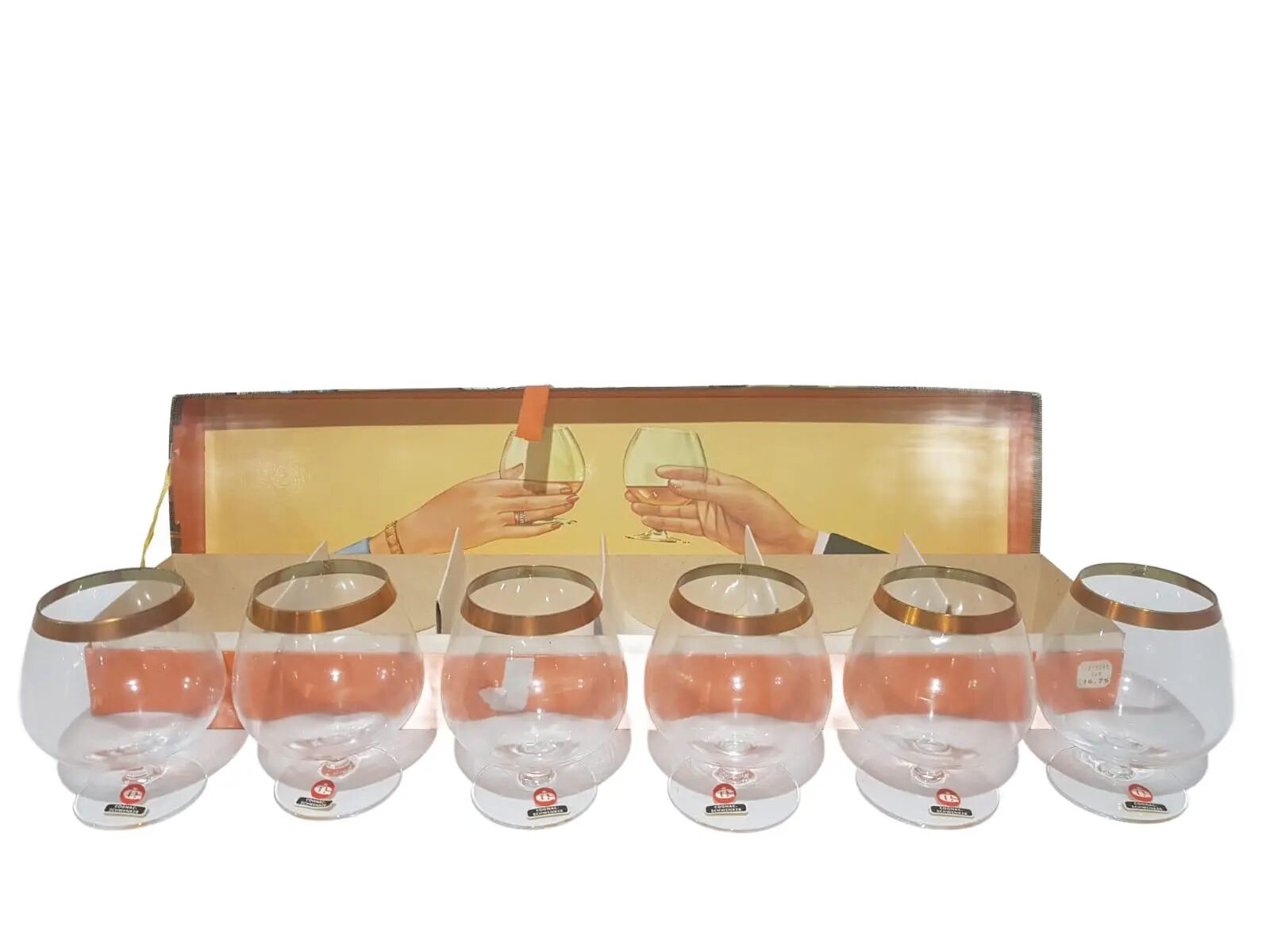 Set of 6 cognac glasses, clear glass, gilding / Austria / 1960s.