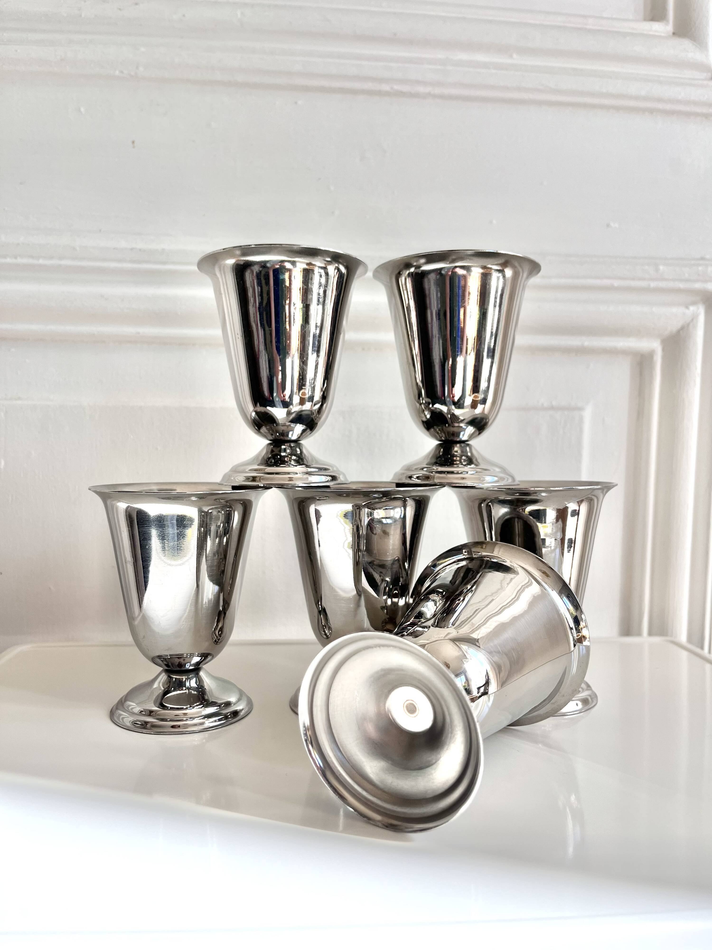 6 vintage stainless steel ice cream cups in the shape of a tumbler.