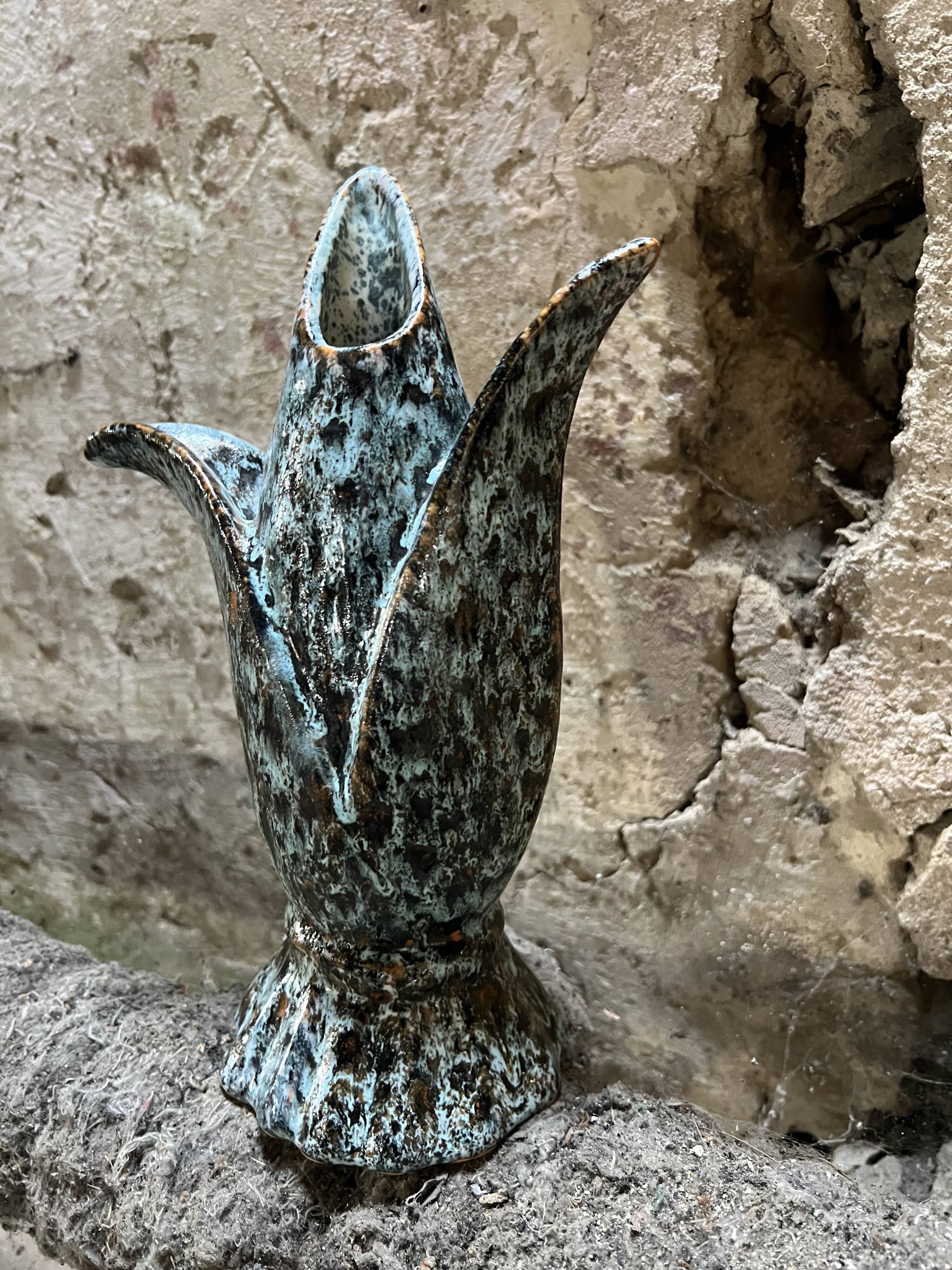 Vintage blue-green glazed ceramic tulip vase, stylized floral shape