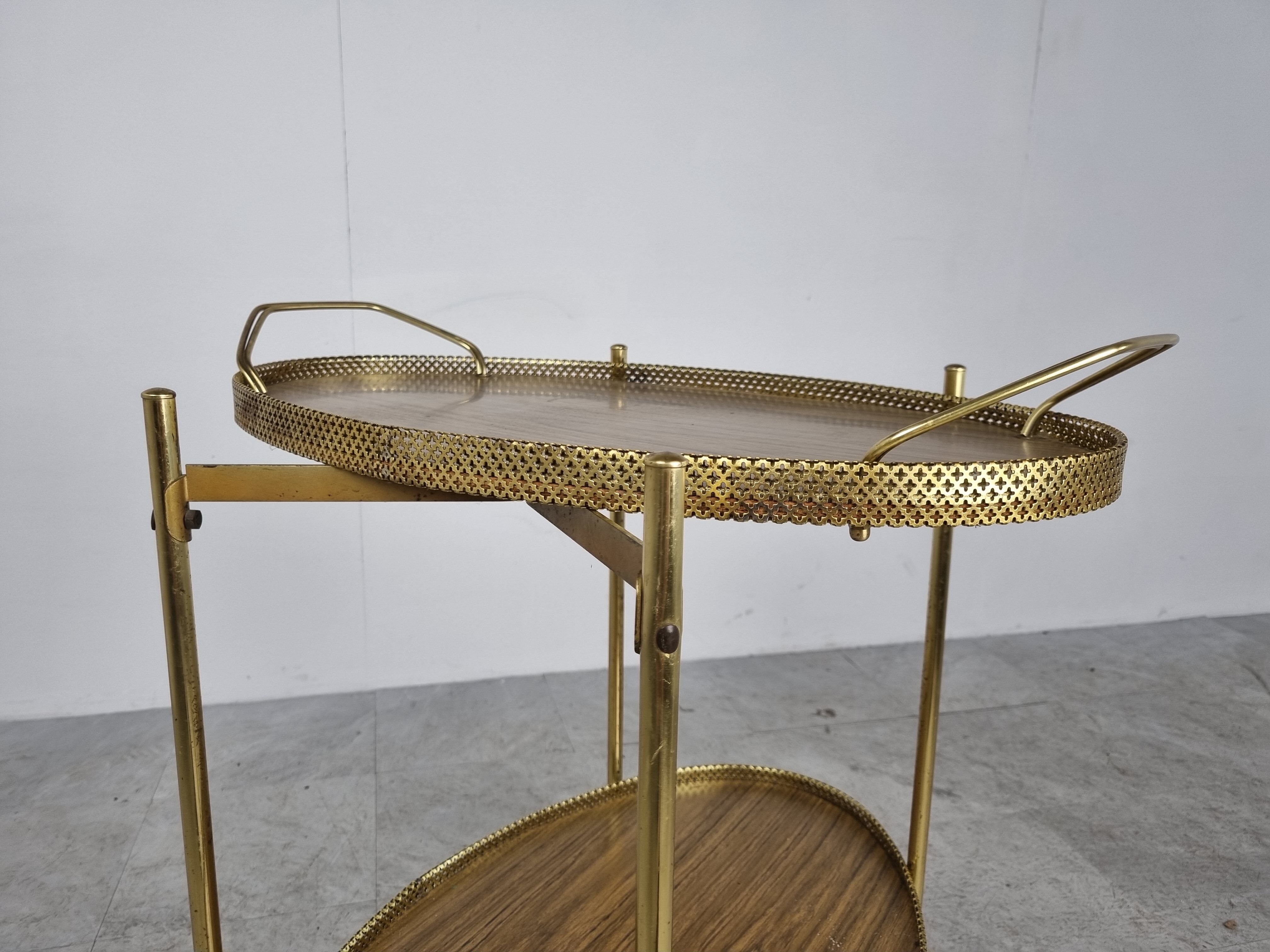 Mid century brass and wood serving trolley, 1950s