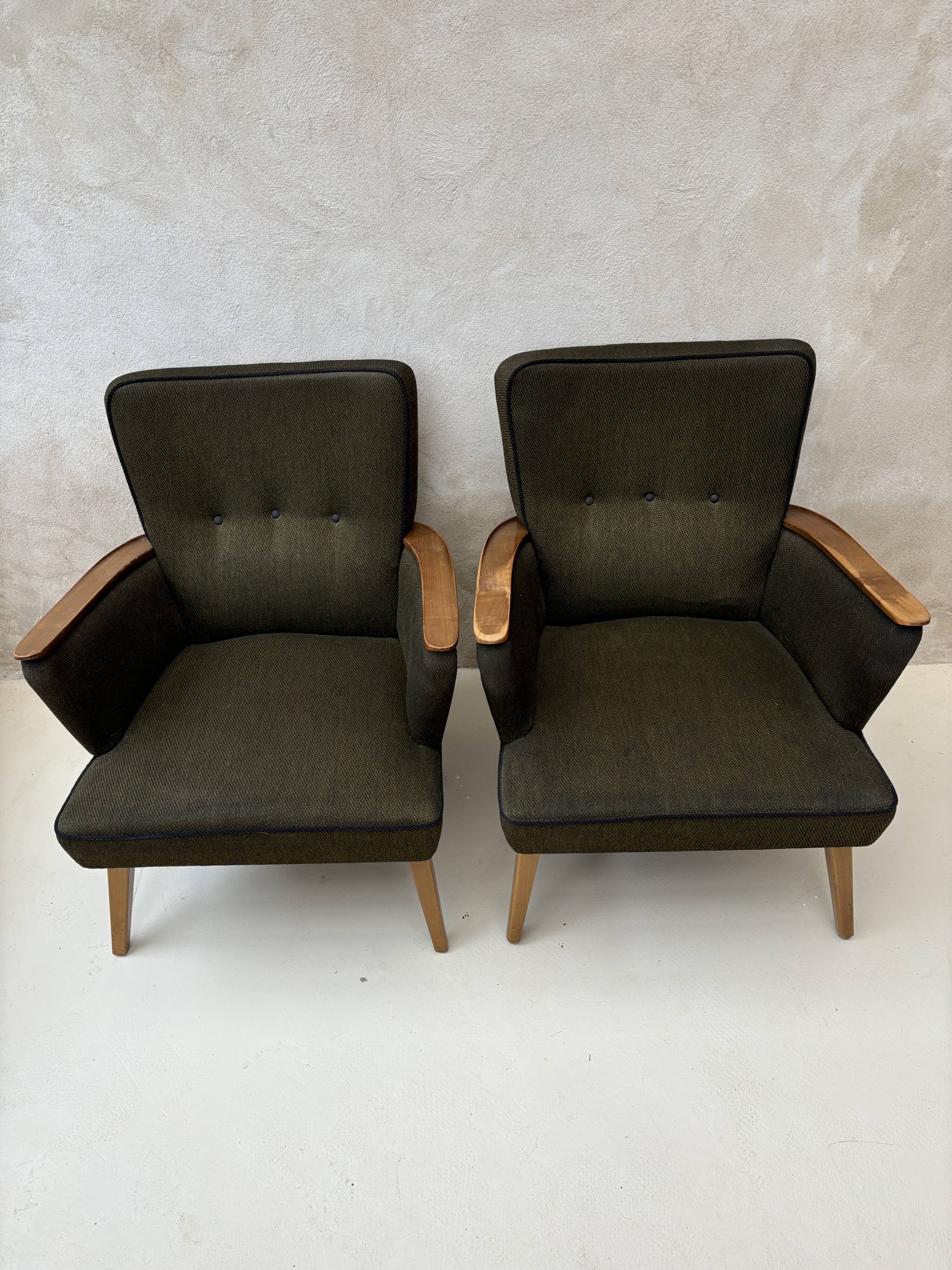 Pair of vintage wooden and fabric armchairs from the 1960s.