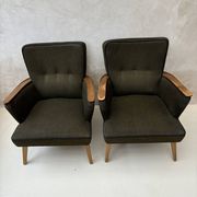 Pair of vintage wooden and fabric armchairs from the 1960s.