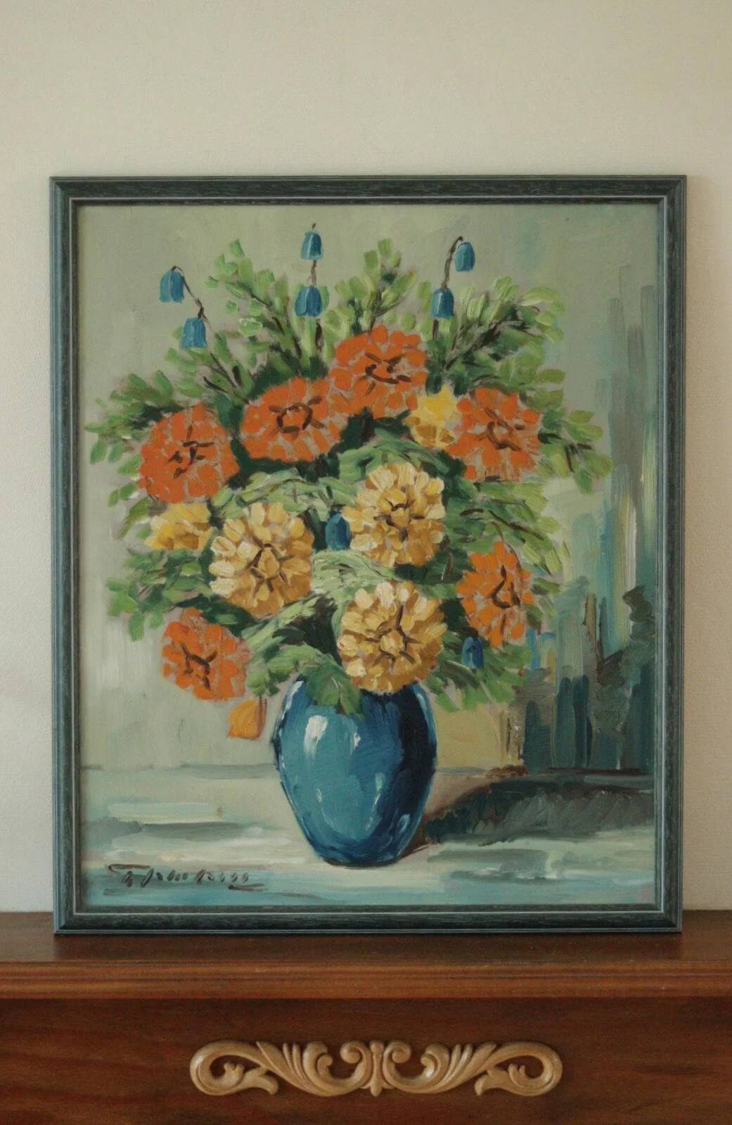 Original vintage oil on panel painting "Flowers in vase"
