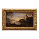 Antique landscape painting with men-at-arms from the 17th century