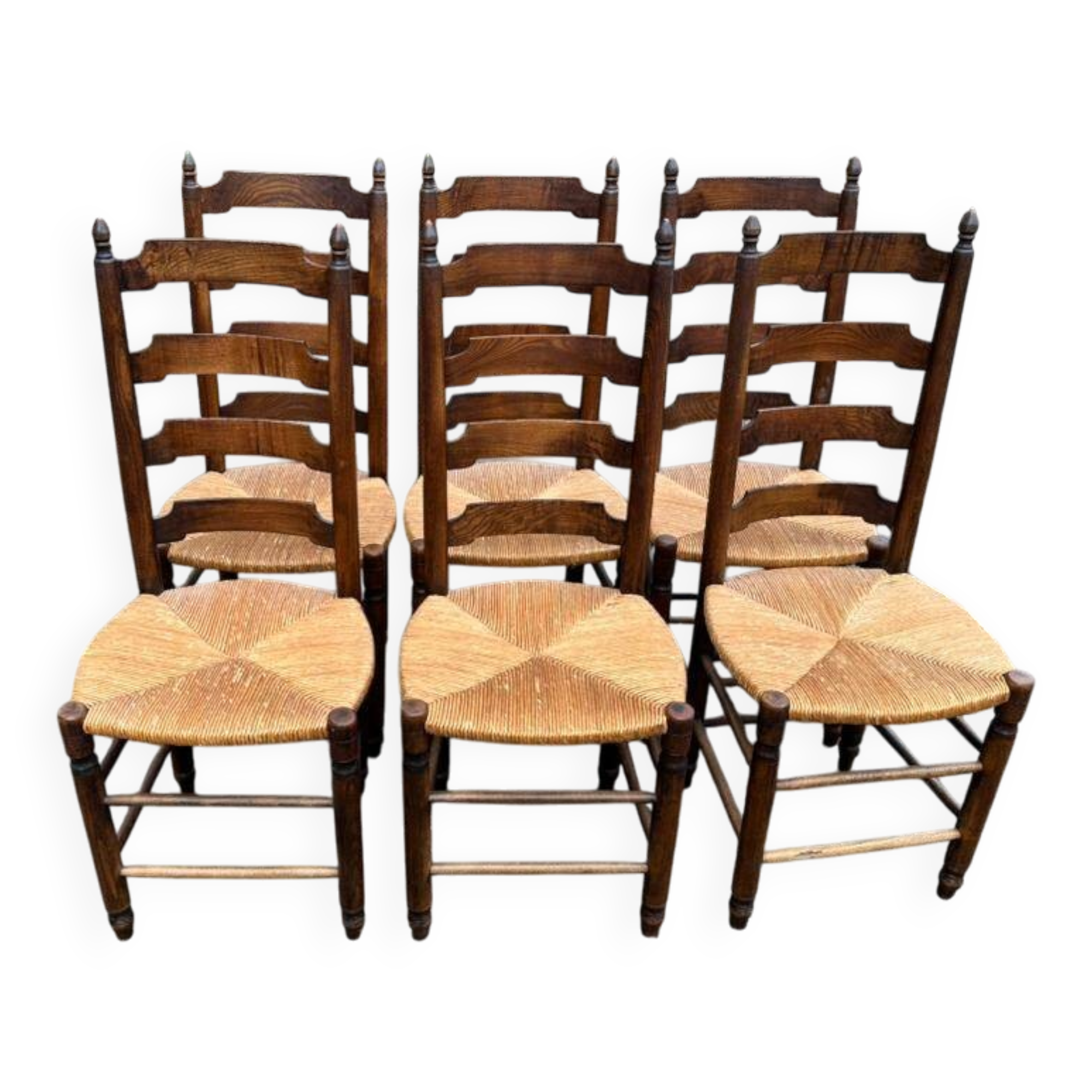 6 solid wood dining chairs with rush seats, oak, 19th century.