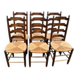 6 solid wood dining chairs with rush seats, oak, 19th century.
