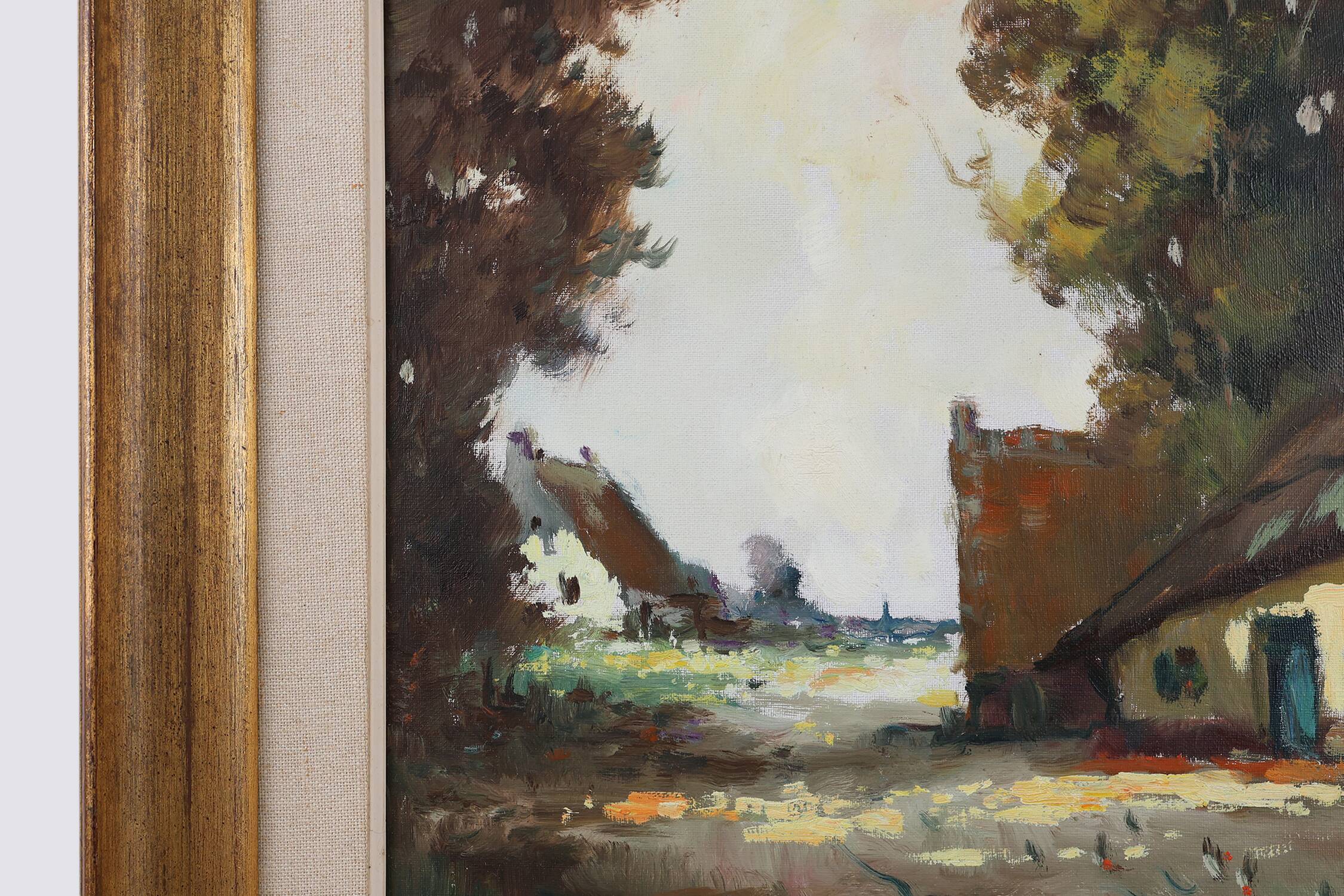 20th Century Belgian Painting of a farm scene with gilded wooden frame