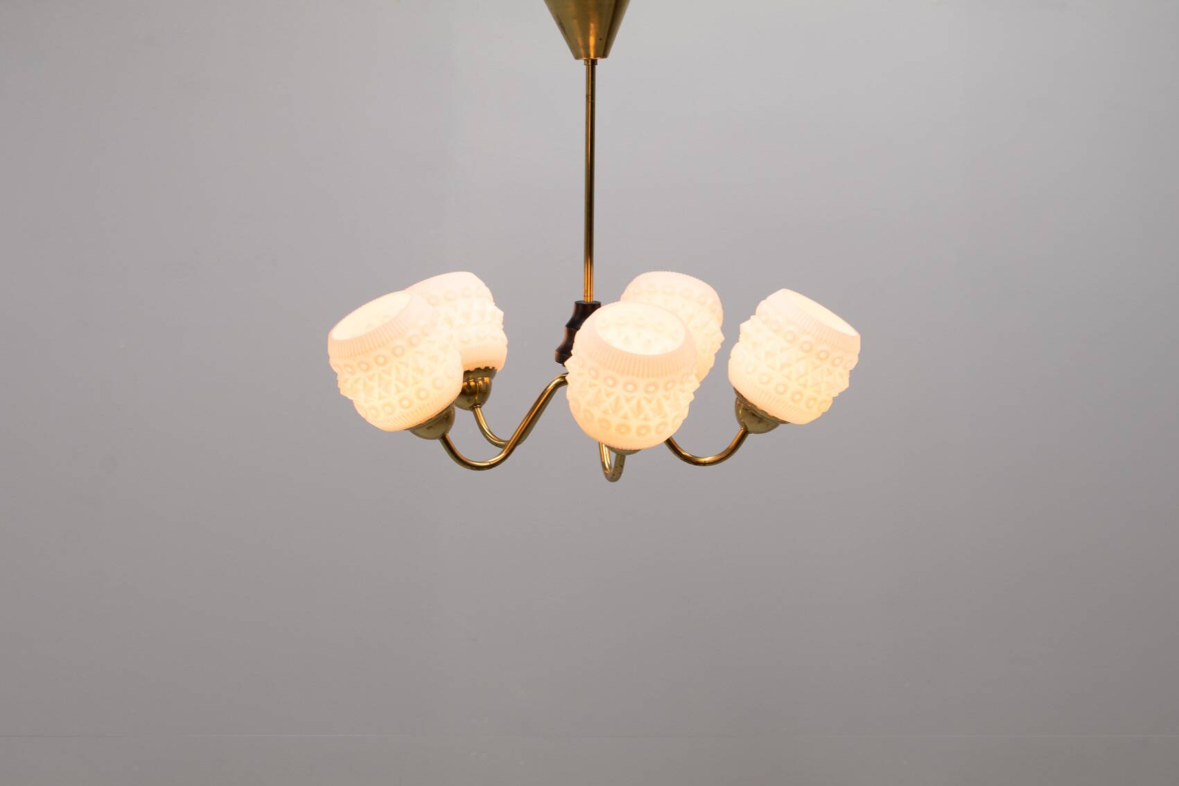 White crystal shades brass ceiling lamp, Sweden 1950’s