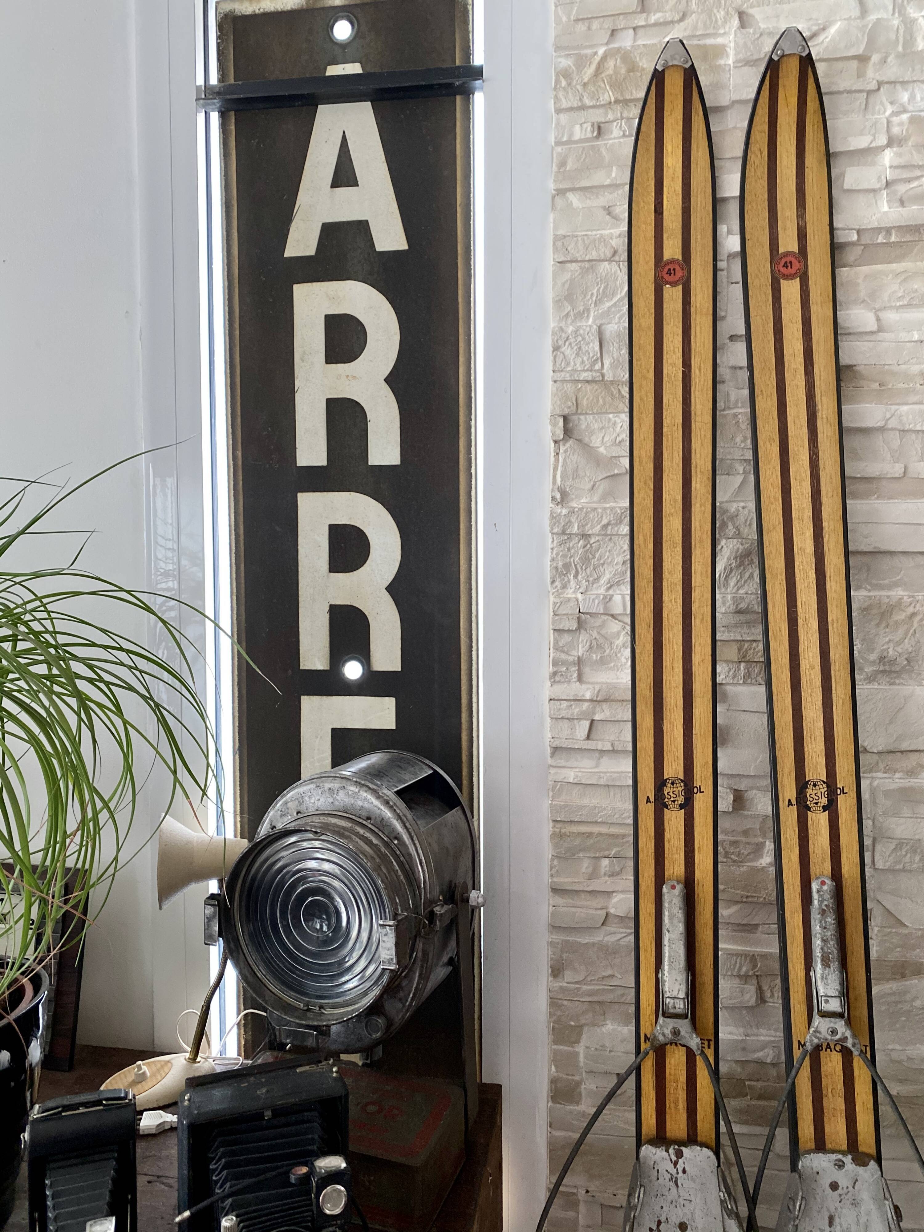 Vintage wooden Rossignol Hickory ski pair