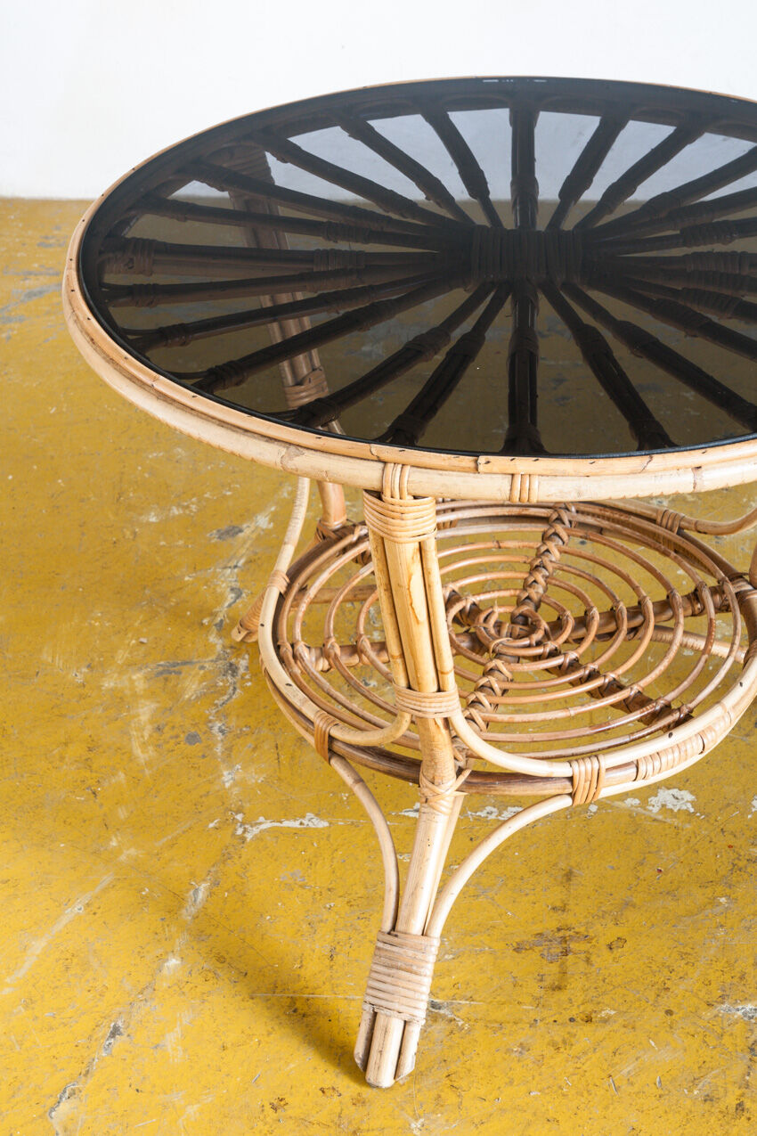 Vintage side table in rattan and smoked glass, France 1970