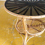 Vintage side table in rattan and smoked glass, France 1970