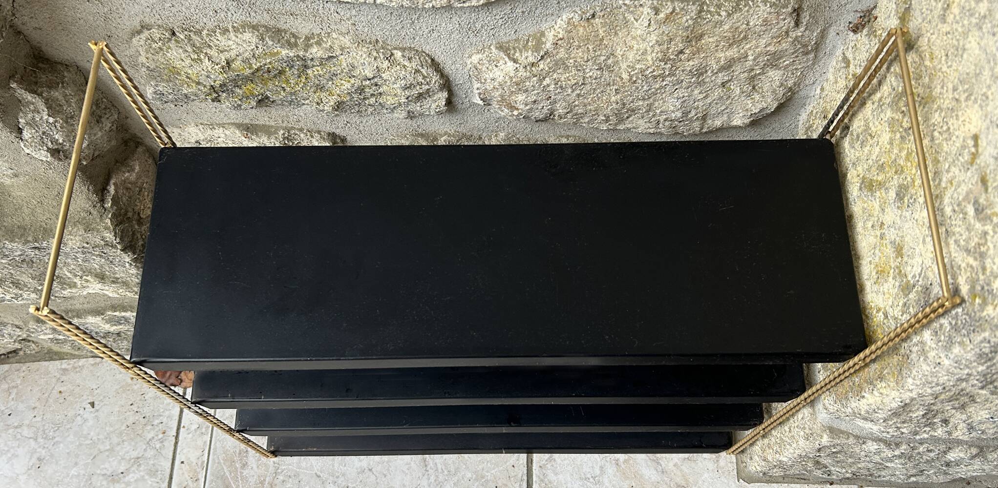 Double gold metal string shelves and black trays, vintage, 60s