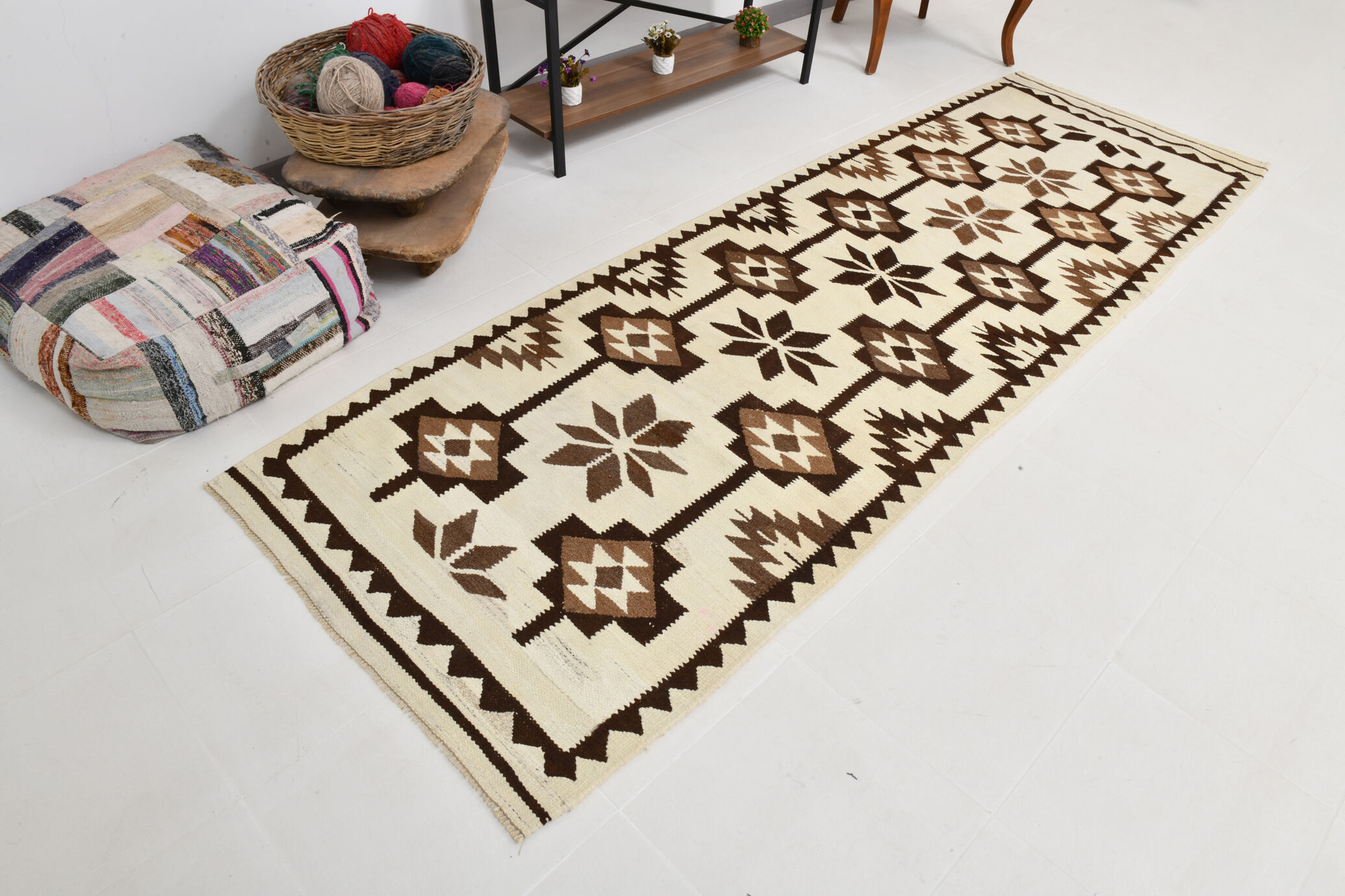 Geometric kilim runner rug,107x325cm